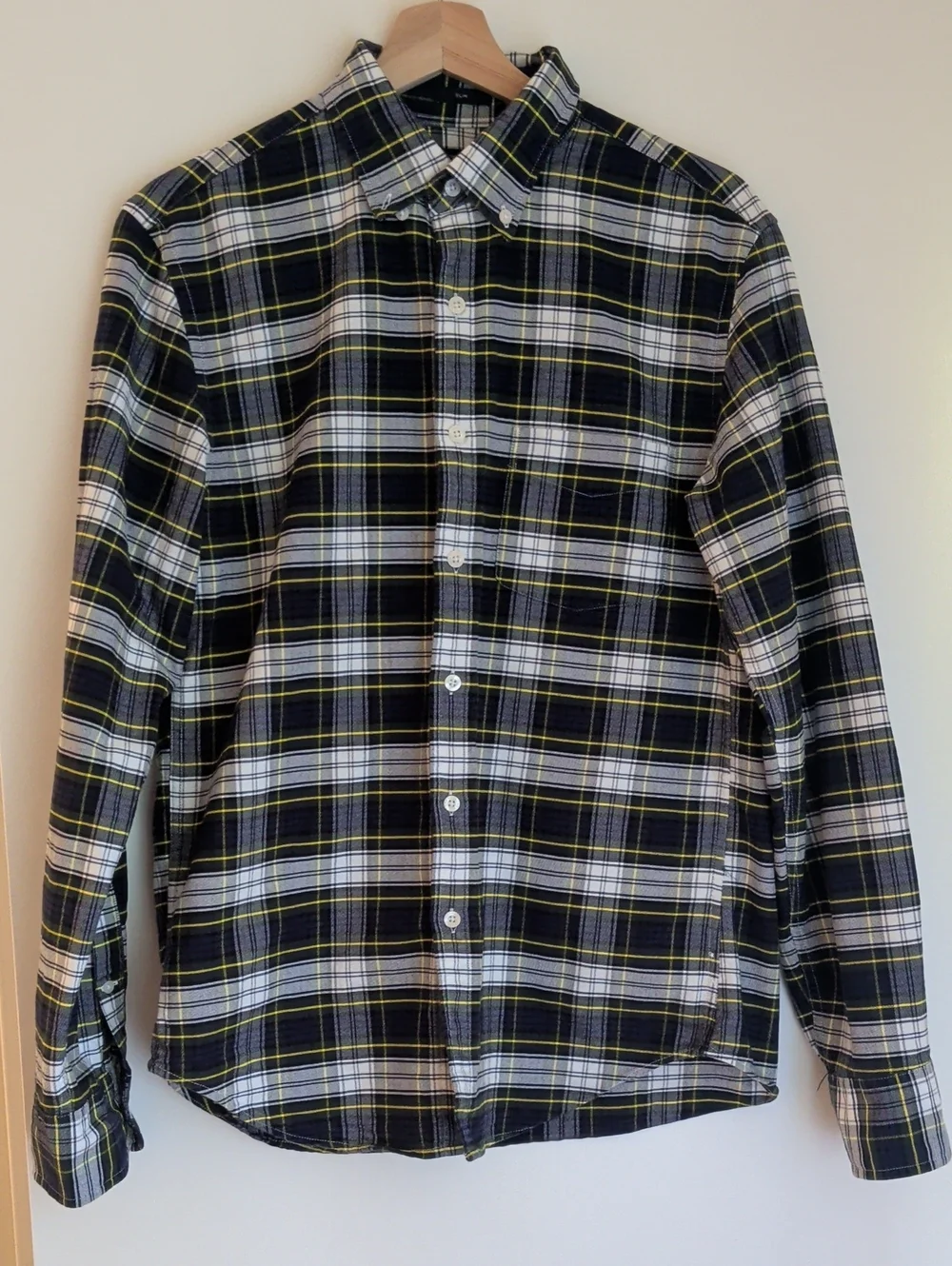 J.Crew 100% Cotton Plaid Button-Down Shirt - Black & White with Yellow Accent